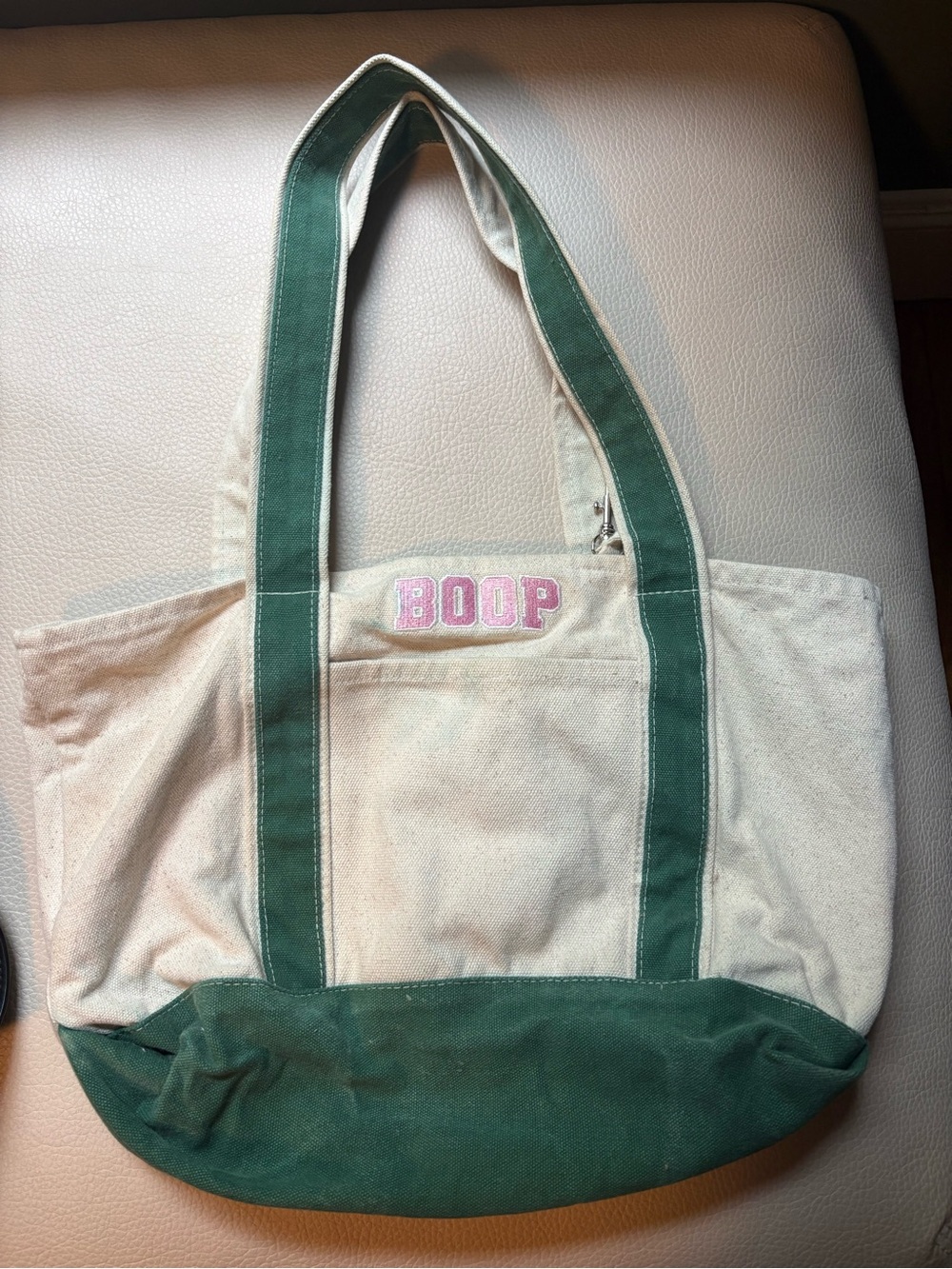 Canvas Tote Bag with Green Trim and Pink 'BOOP' Embroidery